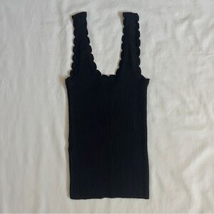 Mango Ribbed Knit Tank Top | Black Scoop Back Scallop Detail Size XS
